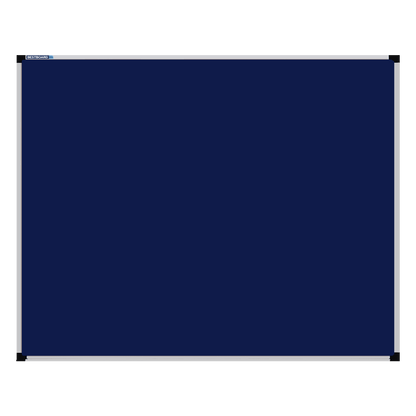 This image shows a Navy Blue rectangular Felt board with a silver frame. The corners of the frame are reinforced with black plastic. 