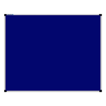 Load image into Gallery viewer, This image shows a Royal Blue rectangular Felt board with a silver frame. The corners of the frame are reinforced with black plastic. 
