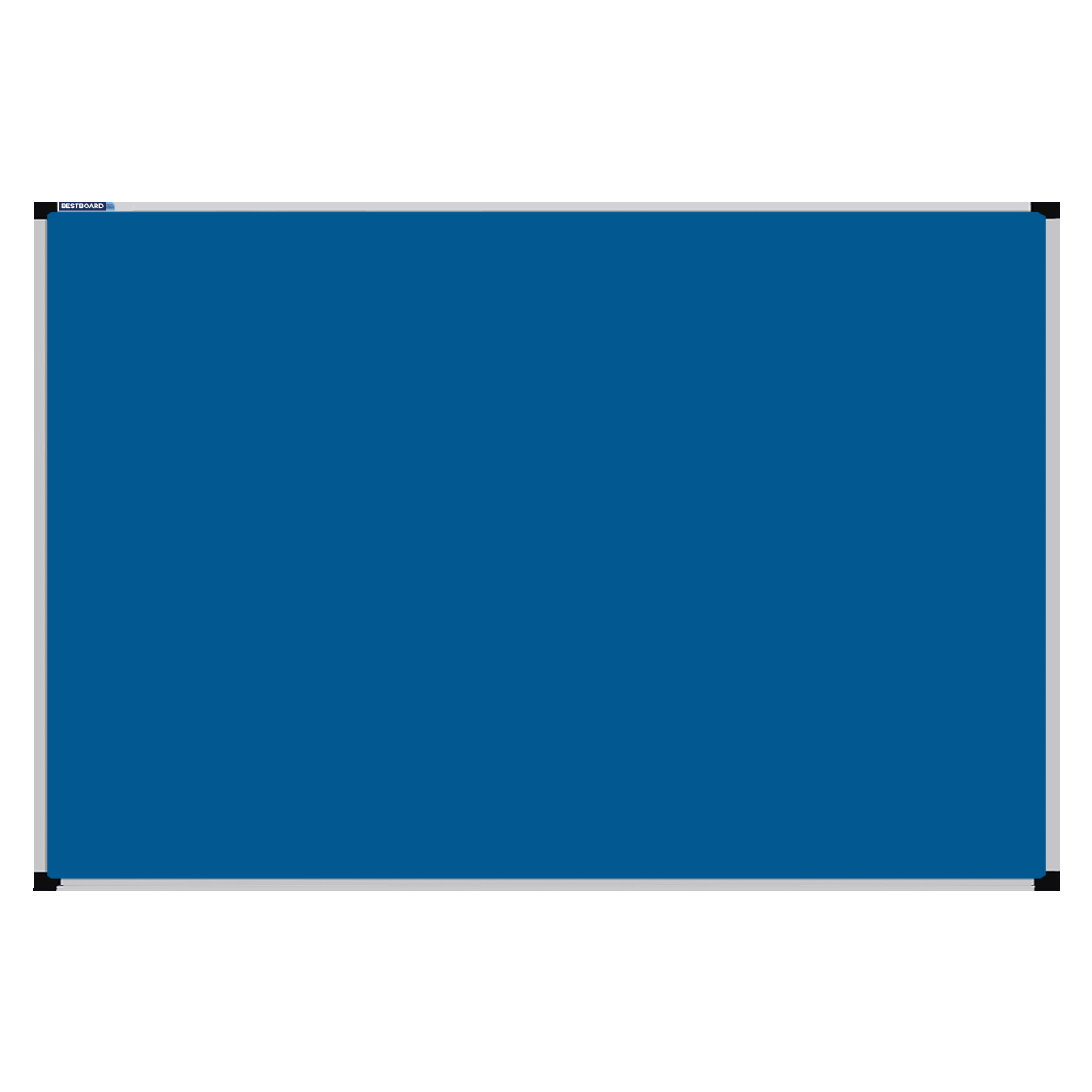 This image shows a Airforce Blue rectangular Felt board with a silver frame. The corners of the frame are reinforced with black plastic. 