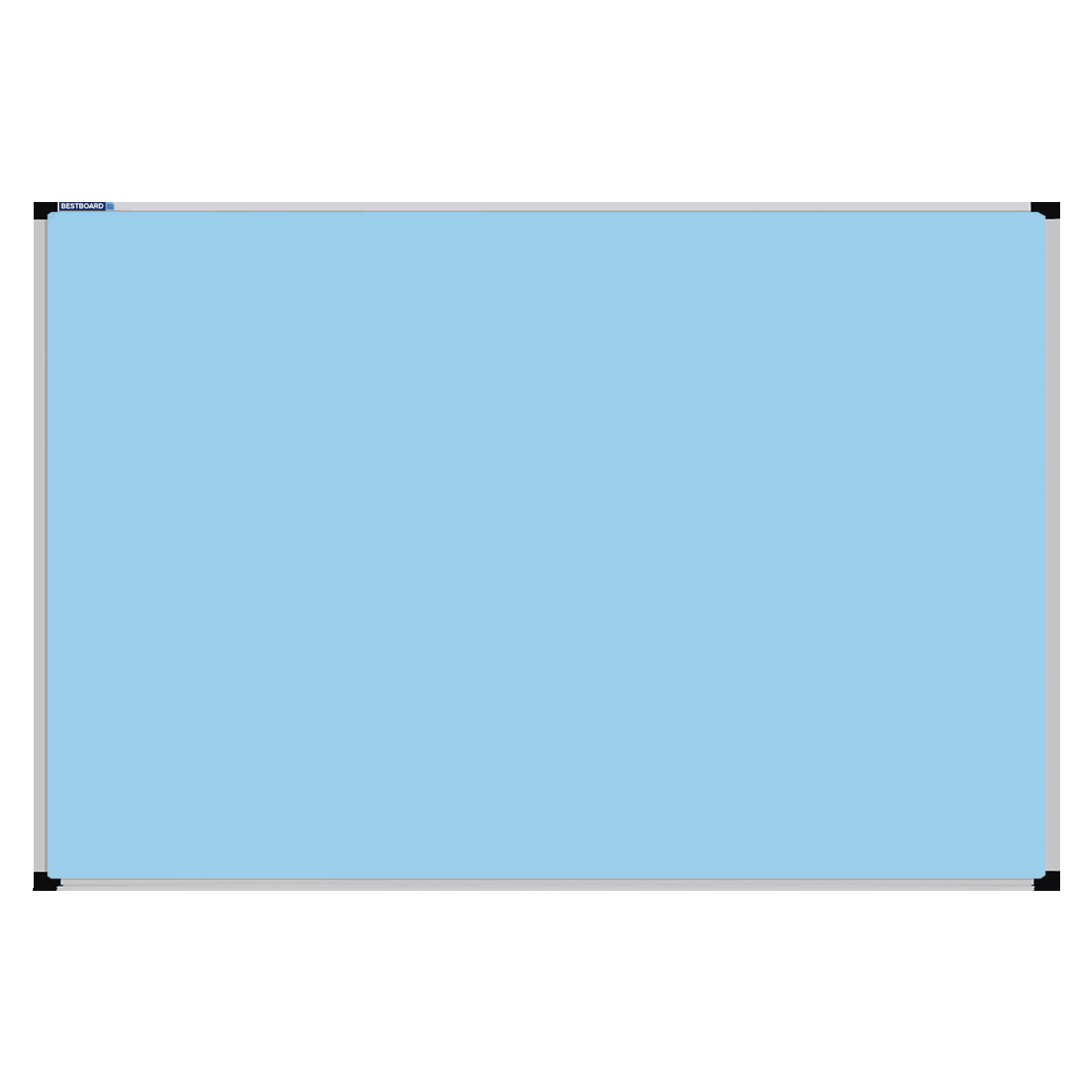 This image shows a Baby Blue rectangular Felt board with a silver frame. The corners of the frame are reinforced with black plastic. 