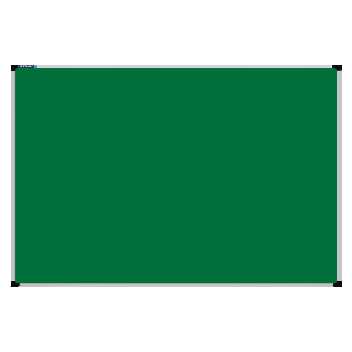 This image shows a Emerald Green rectangular Felt board with a silver frame. The corners of the frame are reinforced with black plastic. 