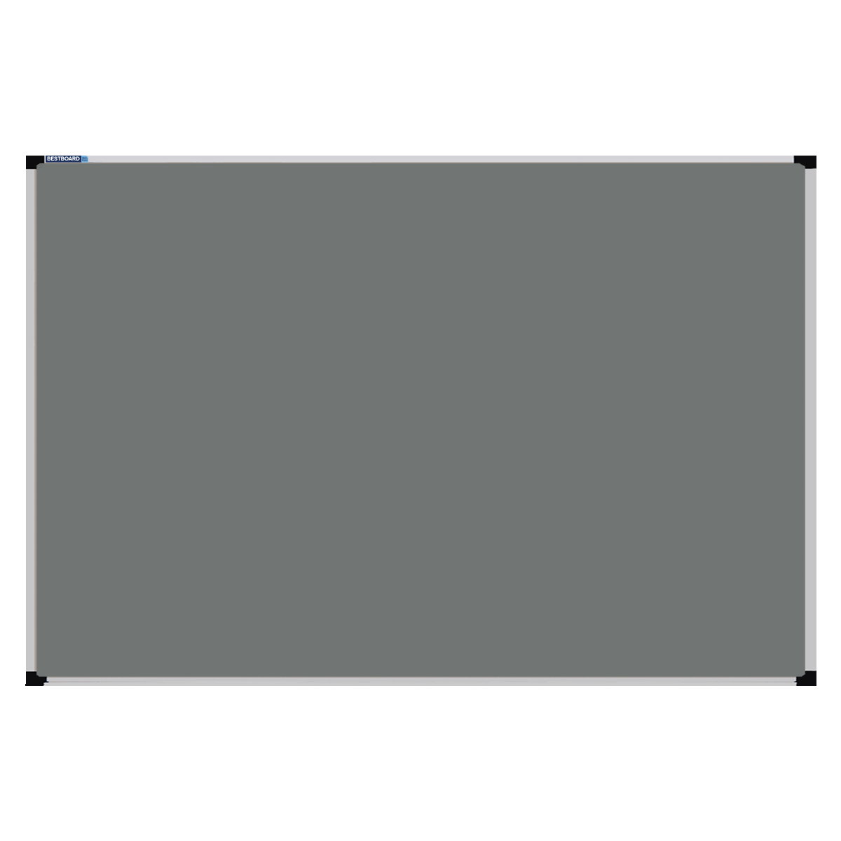 This image shows a Grey rectangular Felt board with a silver frame. The corners of the frame are reinforced with black plastic. 