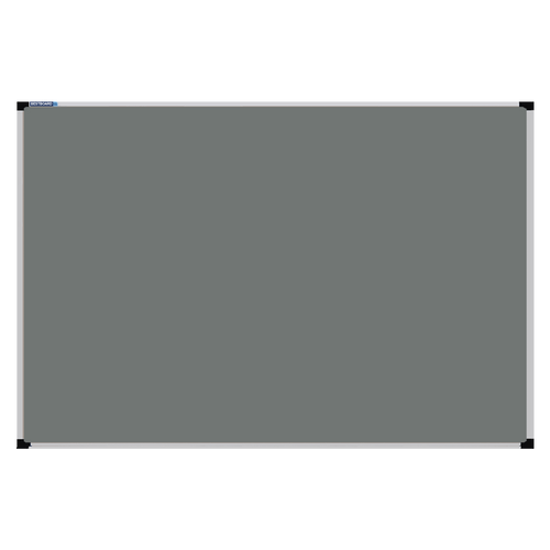 This image shows a Grey rectangular Felt board with a silver frame. The corners of the frame are reinforced with black plastic. 