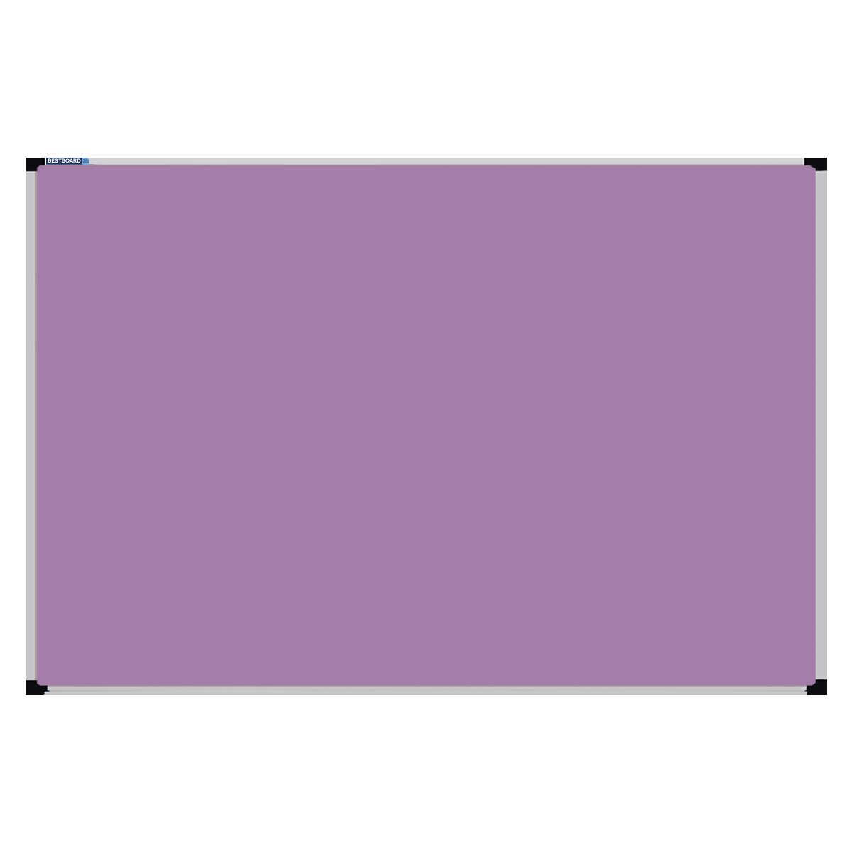 This image shows a lilac rectangular Felt board with a silver frame. The corners of the frame are reinforced with black plastic.