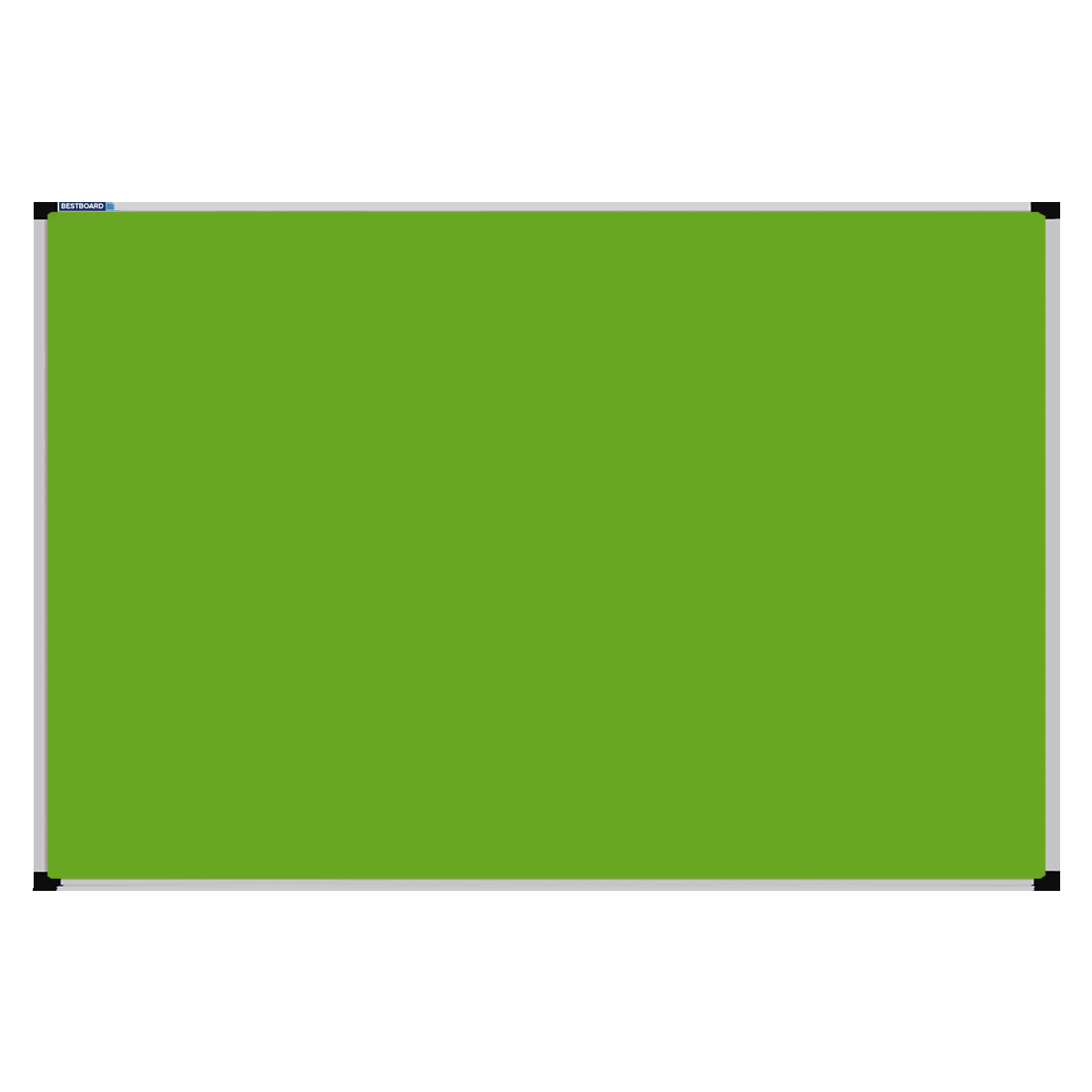 This image shows a Lime Green rectangular Felt board with a silver frame. The corners of the frame are reinforced with black plastic. 