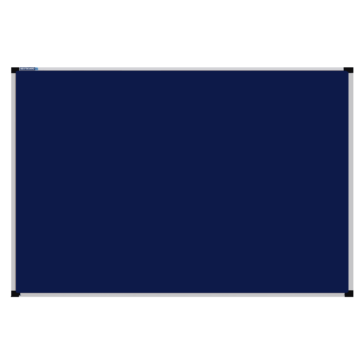 This image shows a Navy Blue rectangular Felt board with a silver frame. The corners of the frame are reinforced with black plastic. 