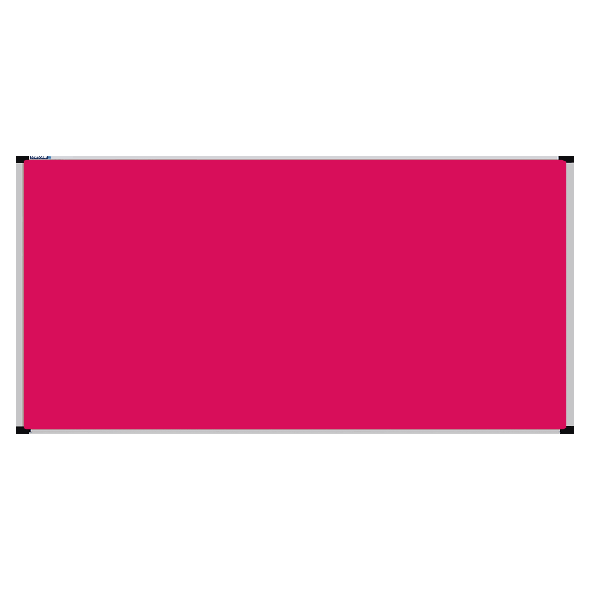 This image shows a bright pink rectangular Felt board with a silver frame. The corners of the frame are reinforced with black plastic. 