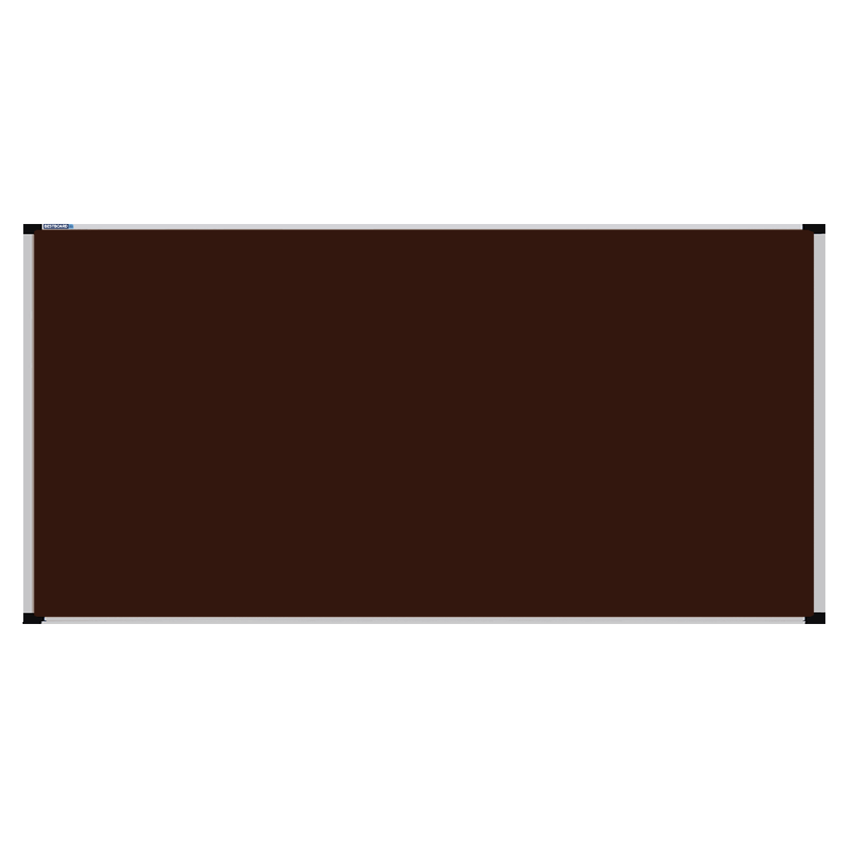 This image shows a dark chocolate brown rectangular Felt board with a silver frame. The corners of the frame are reinforced with black plastic. 