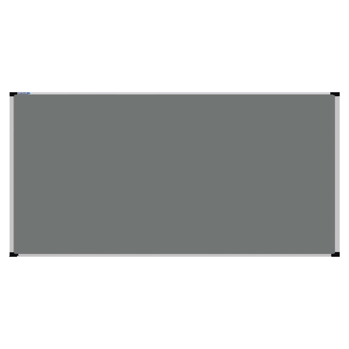 This image shows a Grey rectangular Felt board with a silver frame. The corners of the frame are reinforced with black plastic. 