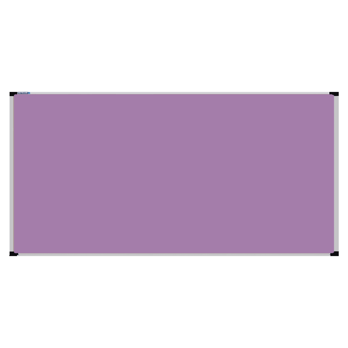 This image shows a lilac rectangular Felt board with a silver frame. The corners of the frame are reinforced with black plastic.