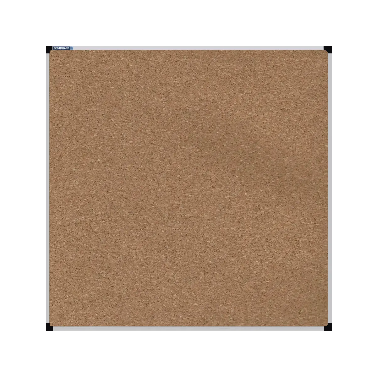 This image shows a square cork board with a silver frame. The corners of the frame are reinforced with black plastic. 