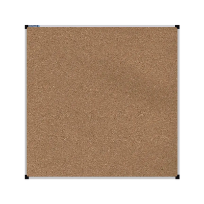 This image shows a square cork board with a silver frame. The corners of the frame are reinforced with black plastic. 