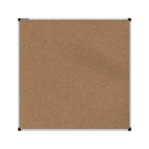 This image shows a square cork board with a silver frame. The corners of the frame are reinforced with black plastic. 