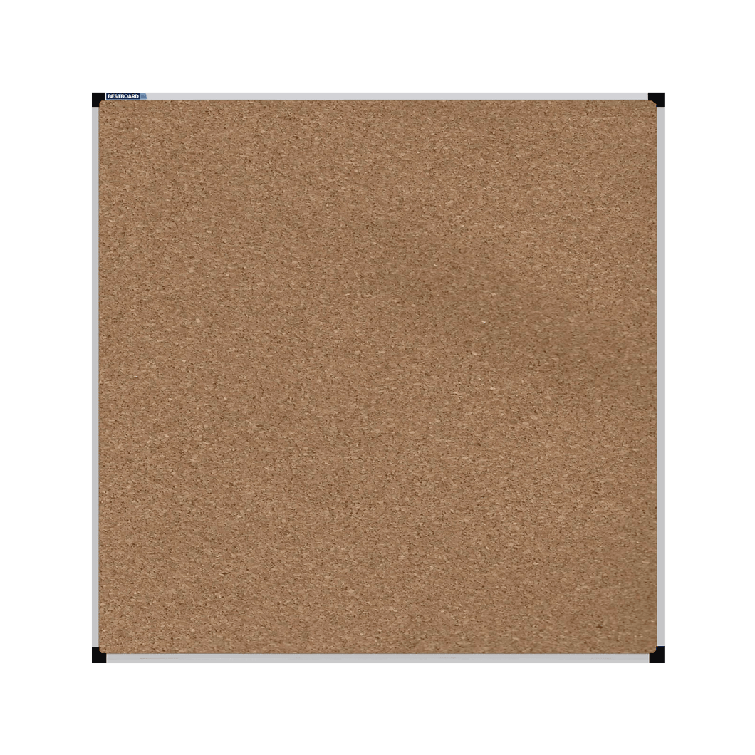 This image shows a square cork board with a silver frame. The corners of the frame are reinforced with black plastic. 