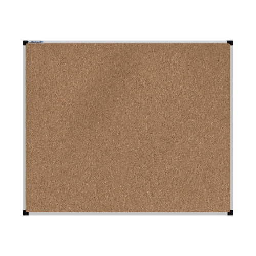 This image shows a rectangle cork board with a silver frame. The corners of the frame are reinforced with black plastic. 