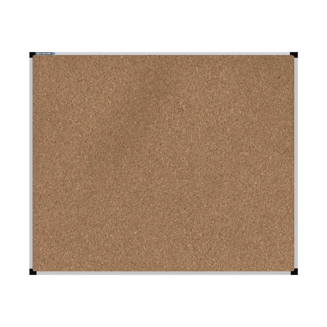 This image shows a rectangle cork board with a silver frame. The corners of the frame are reinforced with black plastic. 