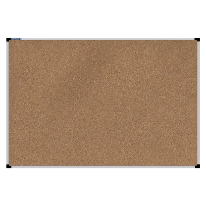 This image shows a rectangular cork board with a silver frame. The corners of the frame are reinforced with black plastic. 