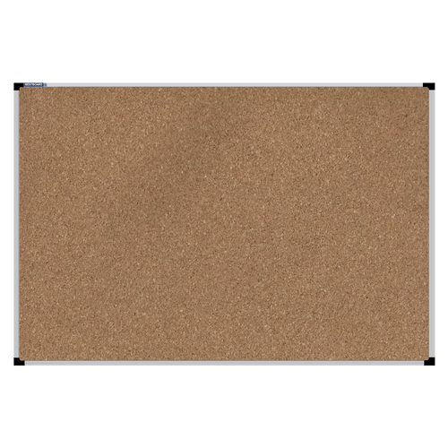 This image shows a rectangular cork board with a silver frame. The corners of the frame are reinforced with black plastic. 