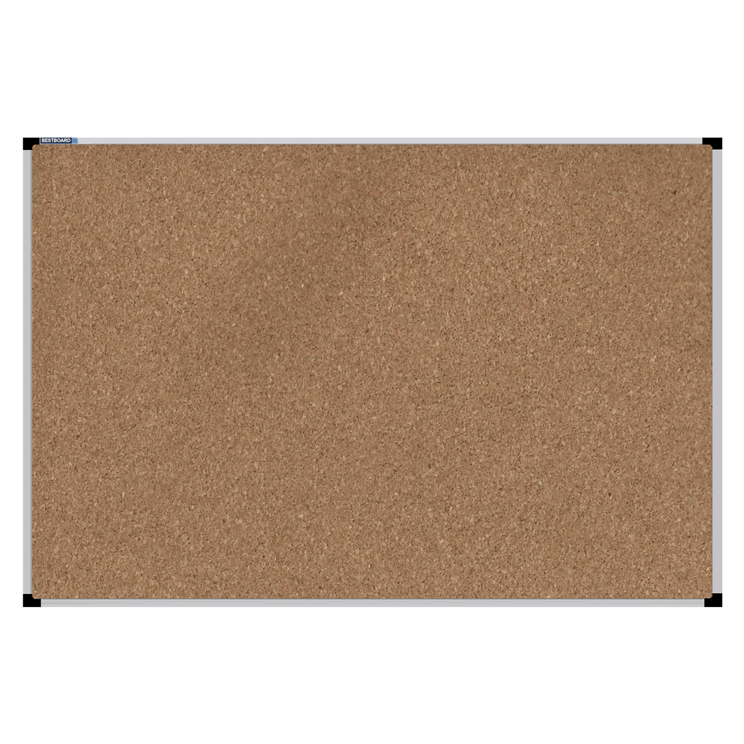 This image shows a rectangular cork board with a silver frame. The corners of the frame are reinforced with black plastic. 