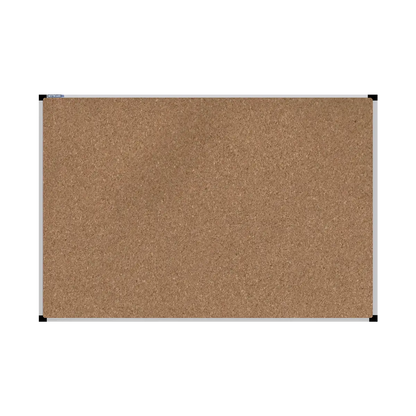 This image shows a rectangular cork board with a silver frame. The corners of the frame are reinforced with black plastic. 