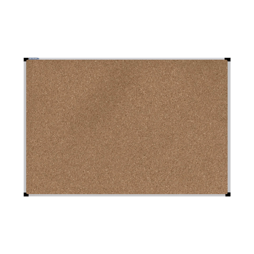 This image shows a rectangular cork board with a silver frame. The corners of the frame are reinforced with black plastic. 