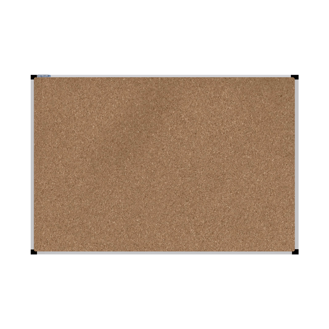 This image shows a rectangular cork board with a silver frame. The corners of the frame are reinforced with black plastic. 