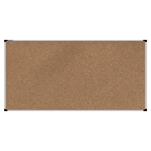 This image shows a rectangular cork board with a silver frame. The corners of the frame are reinforced with black plastic. 