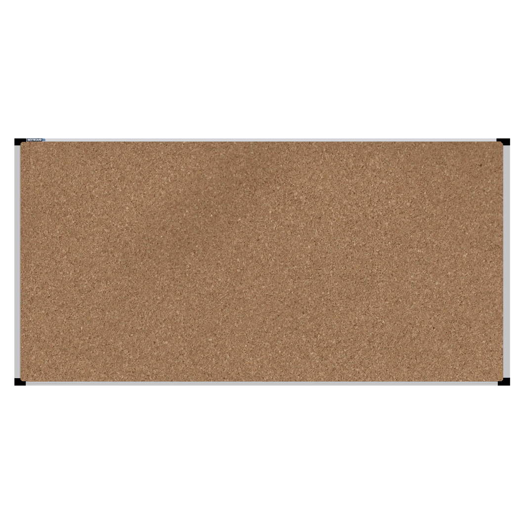 This image shows a rectangular cork board with a silver frame. The corners of the frame are reinforced with black plastic. 