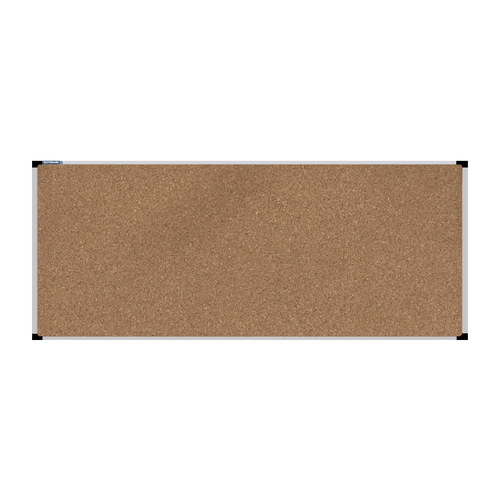 This image shows a rectangular cork board with a silver frame. The corners of the frame are reinforced with black plastic. 