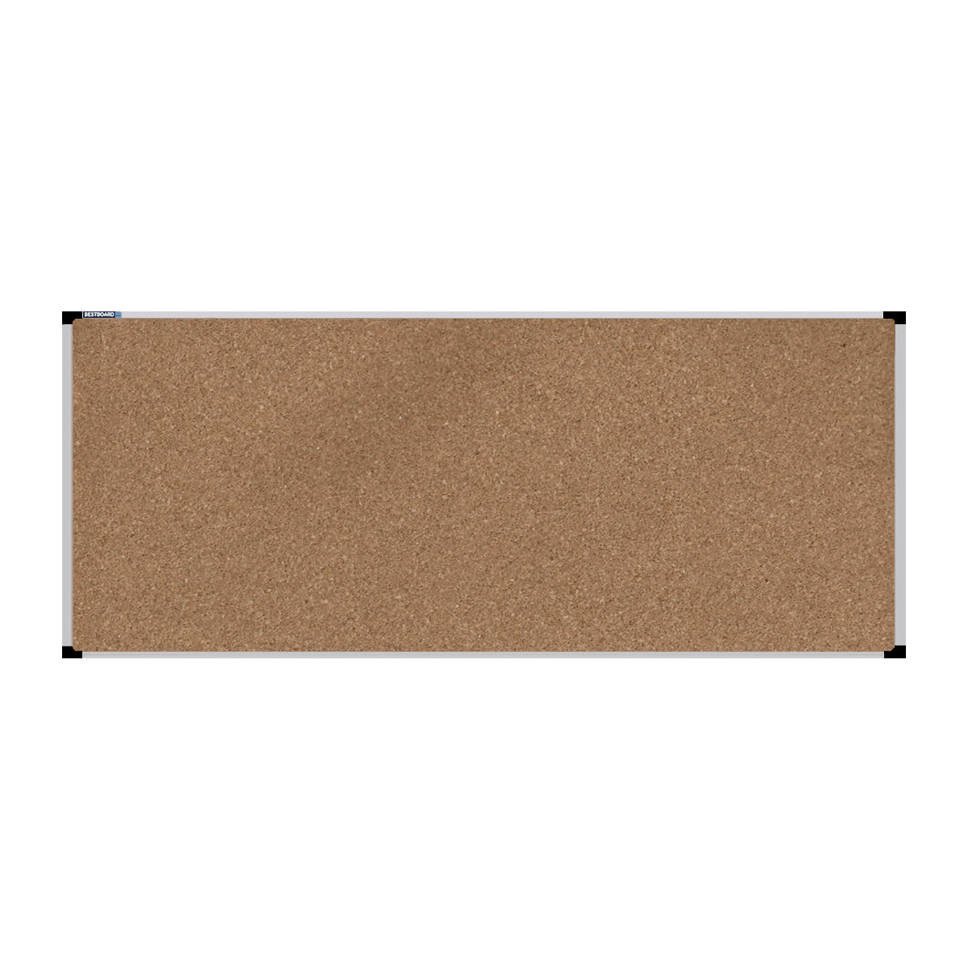 This image shows a rectangular cork board with a silver frame. The corners of the frame are reinforced with black plastic. 