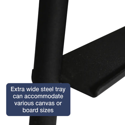 Black metal stand with an extra wide steel tray on a white background