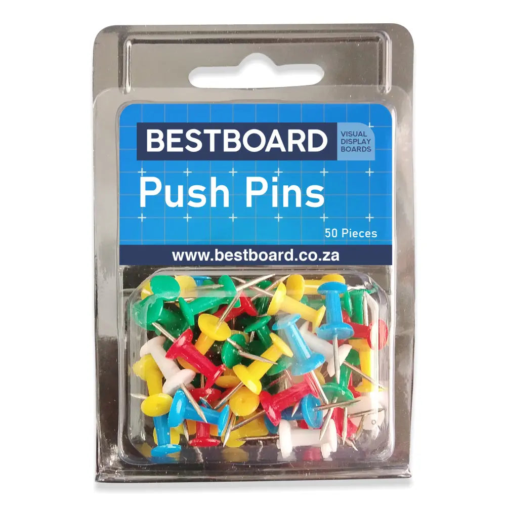 Clear Bestboard box filled with 50 multi coloured push pins