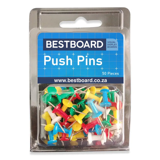 Clear Bestboard box filled with 50 multi coloured push pins