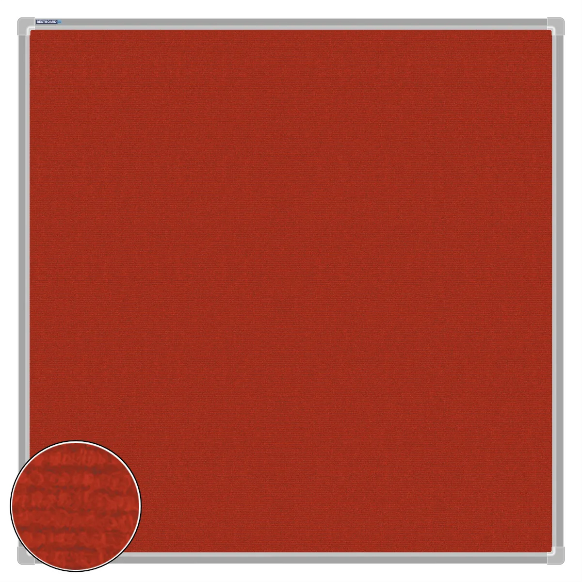 Red carpet pin board, 1000mm x 1000mm, square with a silver aluminium frame and a close-up inset of the woven texture