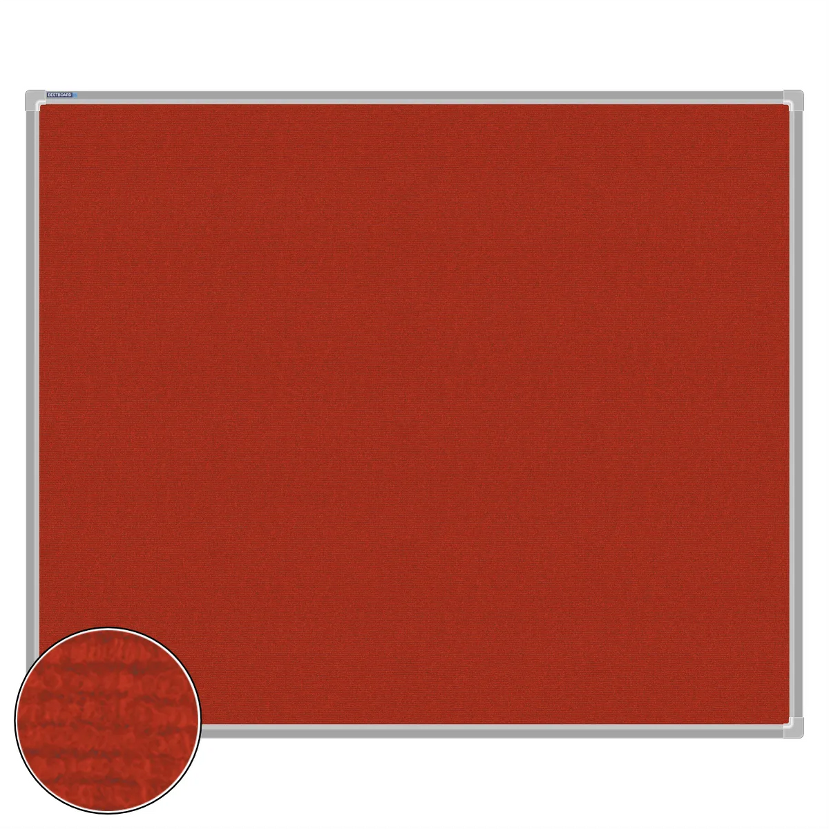 Red carpet pin board, 1000mm x 1200mm, rectangular with a silver aluminium frame and a close-up inset of the woven texture