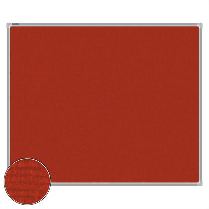 Red carpet pin board, 1000mm x 1200mm, rectangular with a silver aluminium frame and a close-up inset of the woven texture