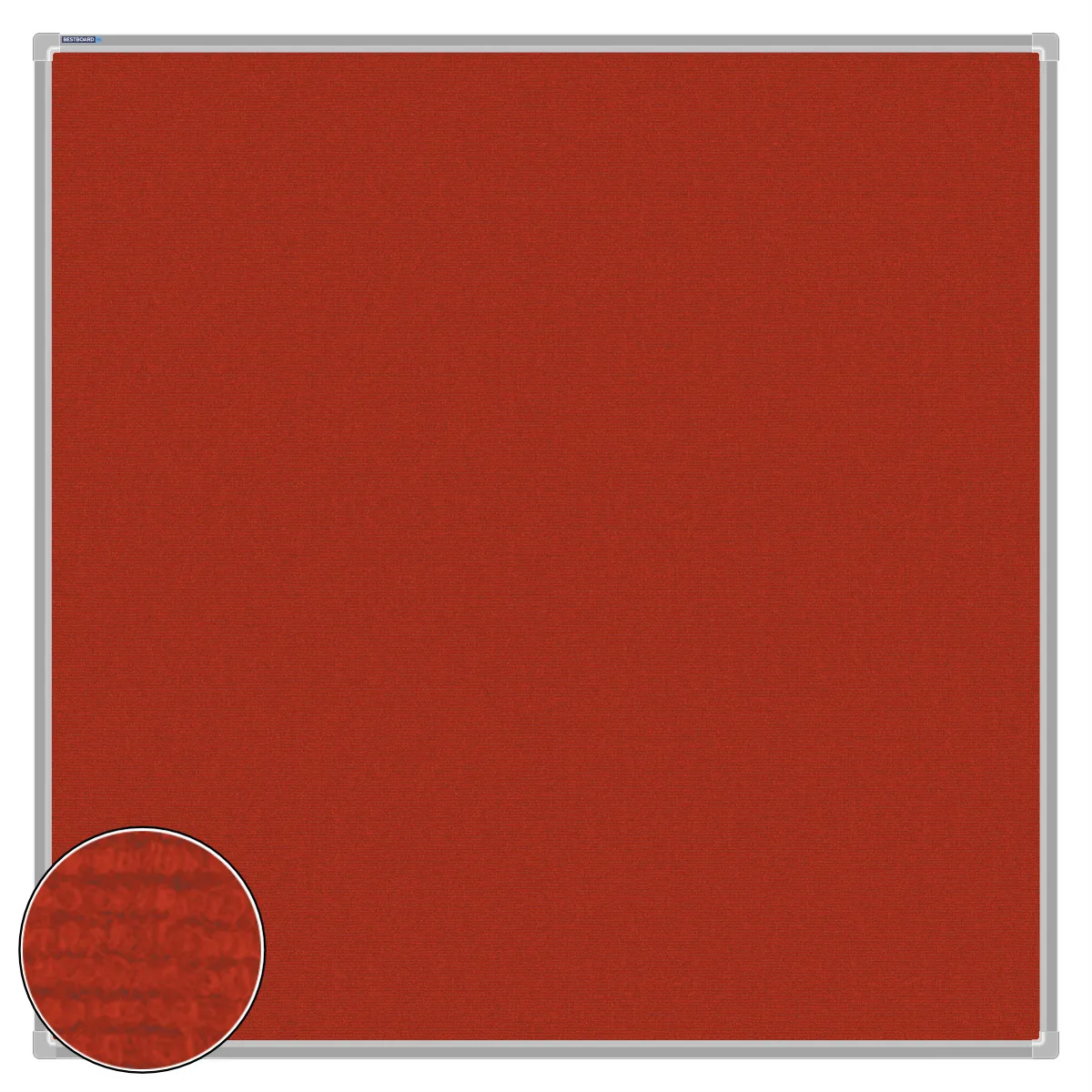 Red carpet pin board, 1200mm x 1200mm, square with a silver aluminium frame and a close-up inset of the woven texture