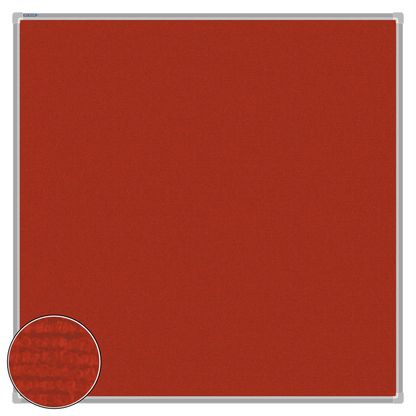 Red carpet pin board, 1200mm x 1200mm, square with a silver aluminium frame and a close-up inset of the woven texture