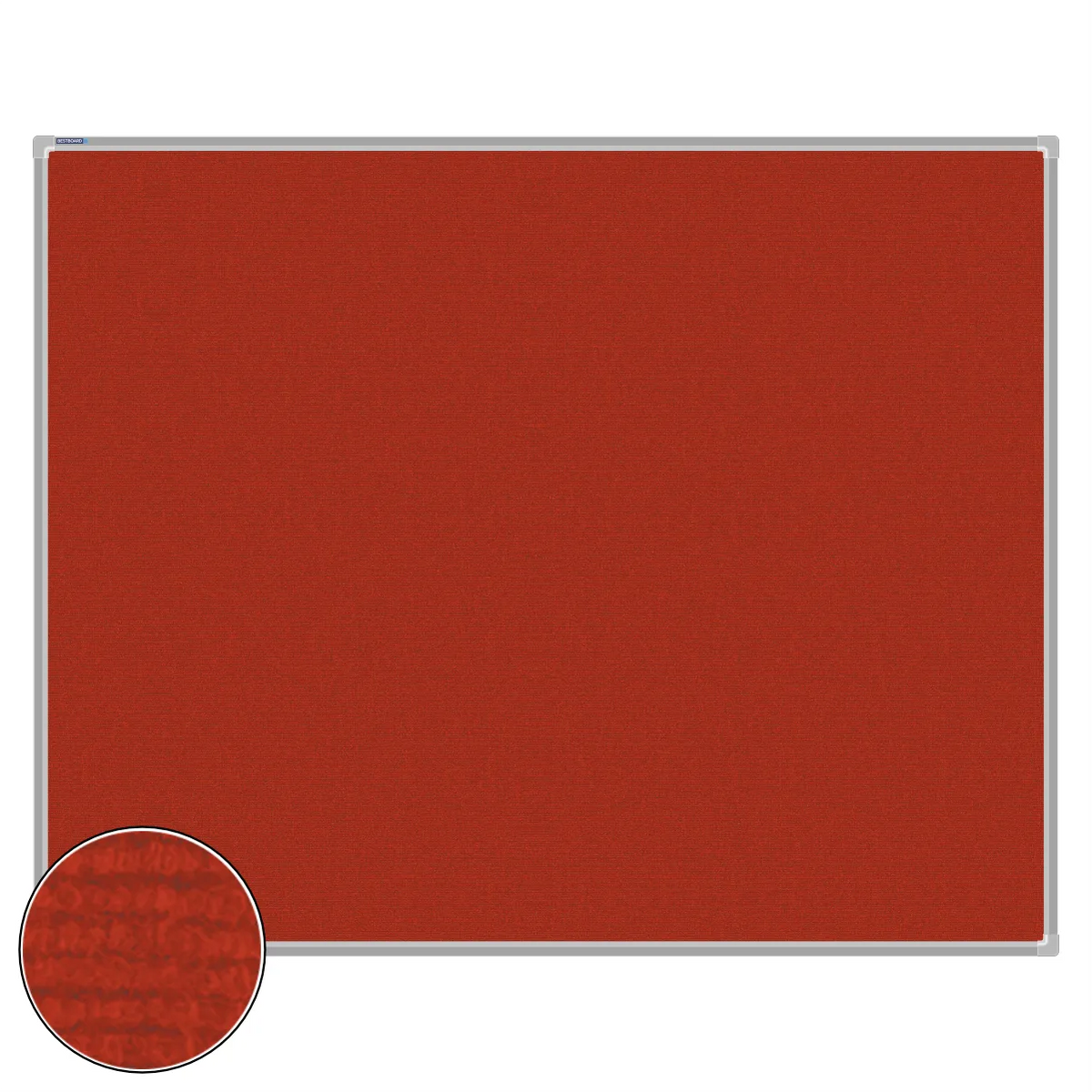 Red carpet pin board, 1200mm x 1500mm, rectangular with a silver aluminium frame and a close-up inset of the woven texture