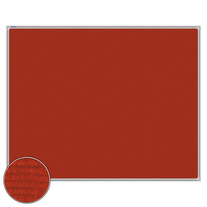 Red carpet pin board, 1200mm x 1500mm, rectangular with a silver aluminium frame and a close-up inset of the woven texture