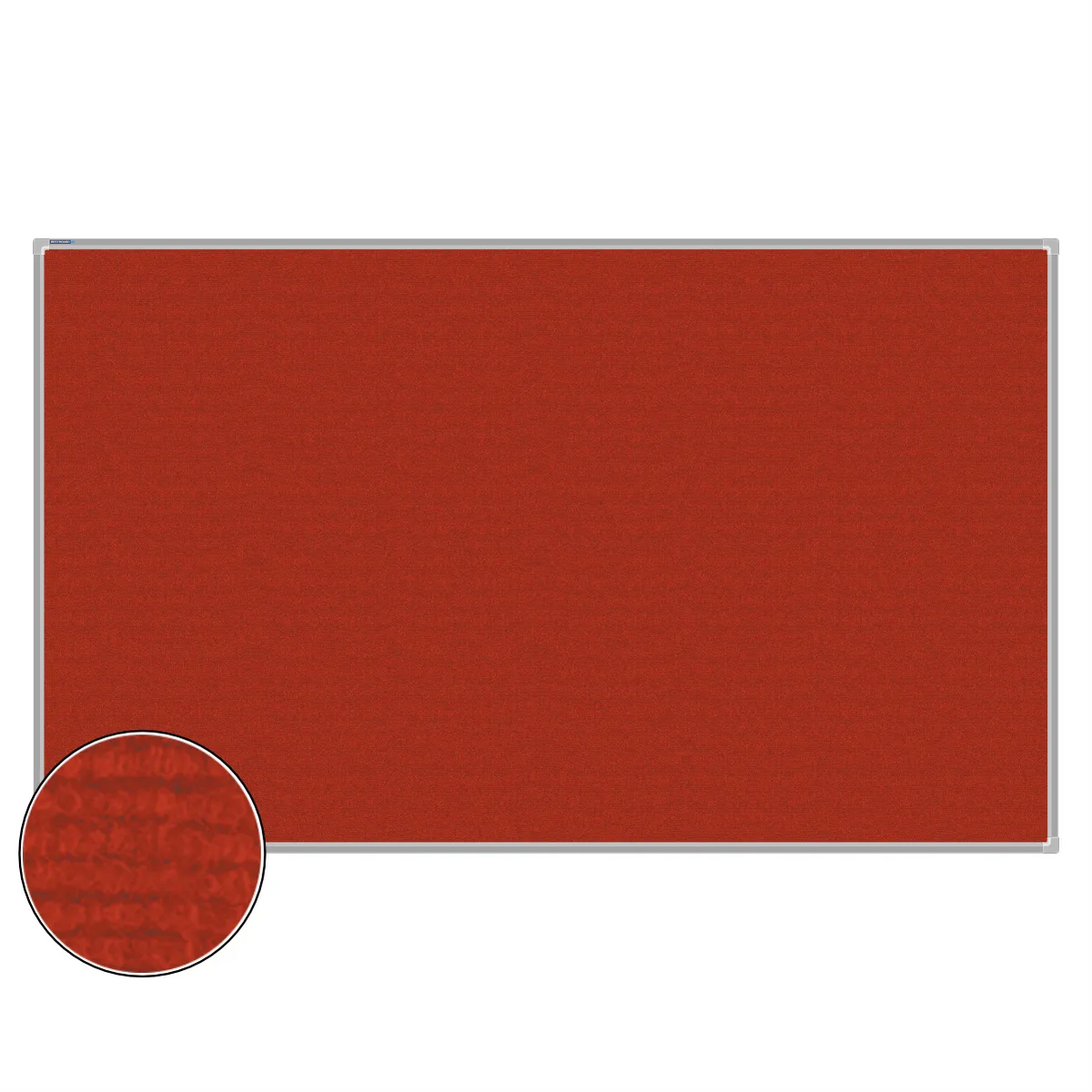 Red carpet pin board, 1200mm x 2000mm, rectangular with a silver aluminium frame and a close-up inset of the woven texture