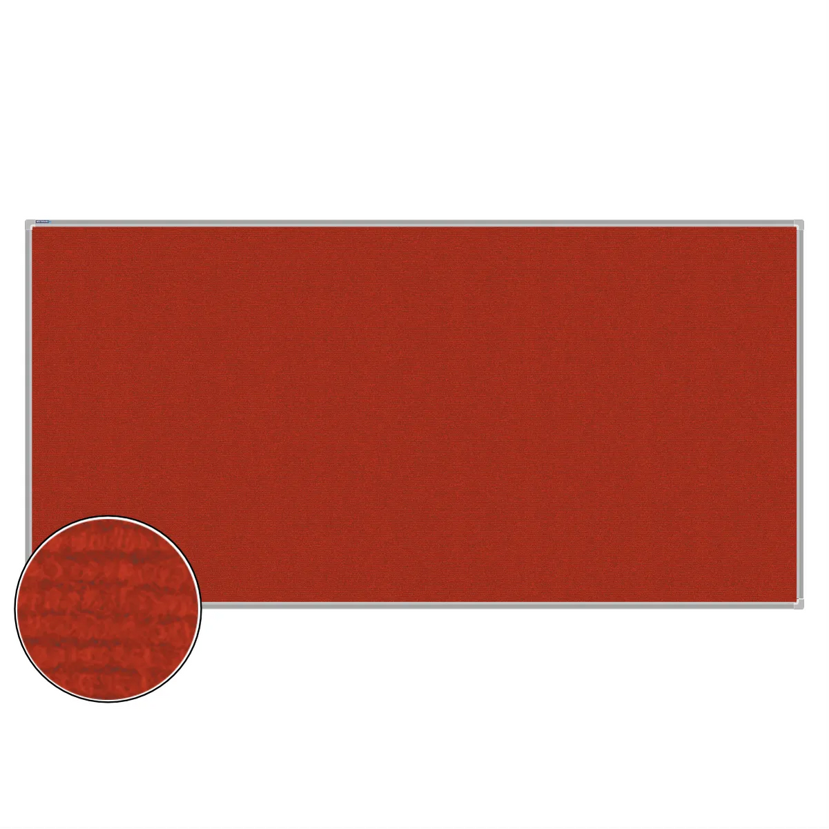 Red carpet pin board, 1200mm x 2400mm, rectangular with a silver aluminium frame and a close-up inset of the woven texture