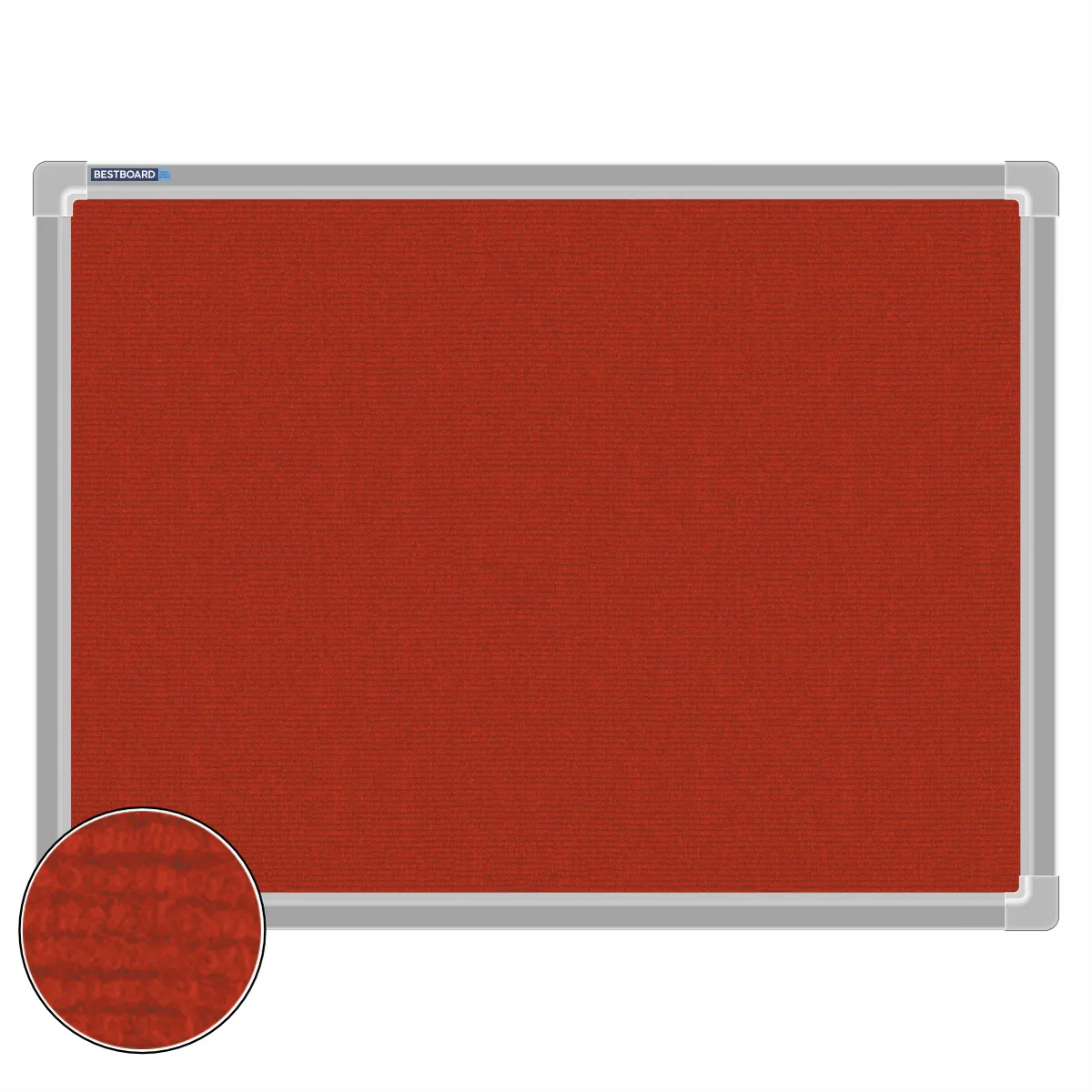 Red carpet pin board, 450mm x 600mm, rectangular with a silver aluminium frame and a close-up inset of the woven texture