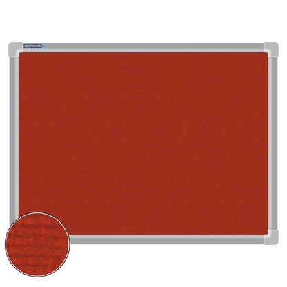 Red carpet pin board, 450mm x 600mm, rectangular with a silver aluminium frame and a close-up inset of the woven texture