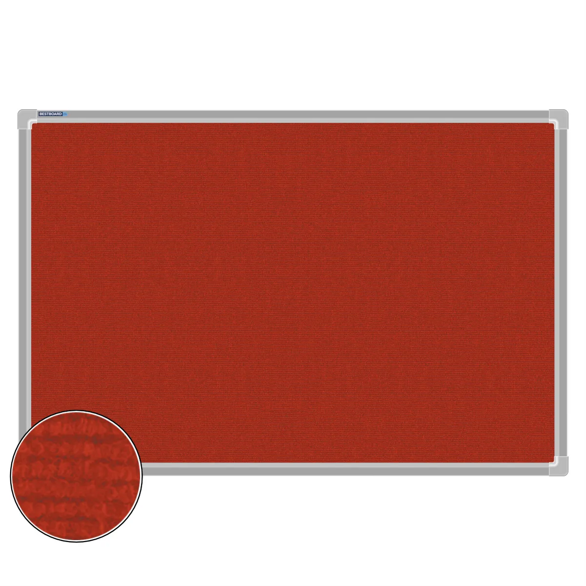 Red carpet pin board, 600mm x 900mm, rectangular with a silver aluminium frame and a close-up inset of the woven texture