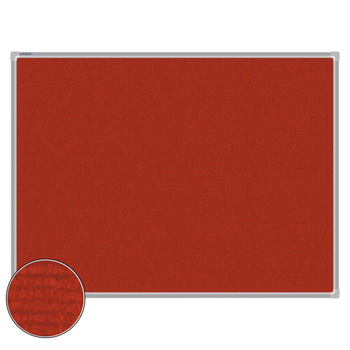 Red carpet pin board, 900mm x 1200mm, rectangular with a silver aluminium frame and a close-up inset of the woven texture
