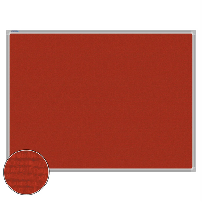 Red carpet pin board, 900mm x 1200mm, rectangular with a silver aluminium frame and a close-up inset of the woven texture