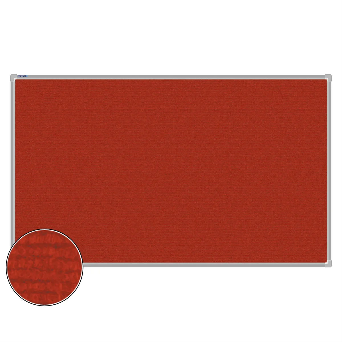 Red carpet pin board, 900mm x 1500mm, rectangular with a silver aluminium frame and a close-up inset of the woven texture