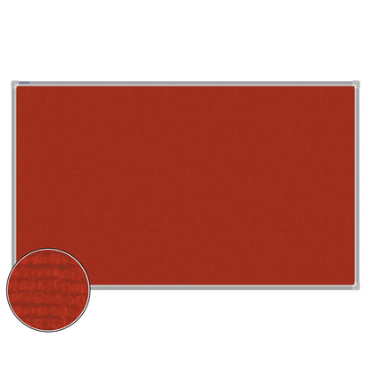 Red carpet pin board, 900mm x 1500mm, rectangular with a silver aluminium frame and a close-up inset of the woven texture