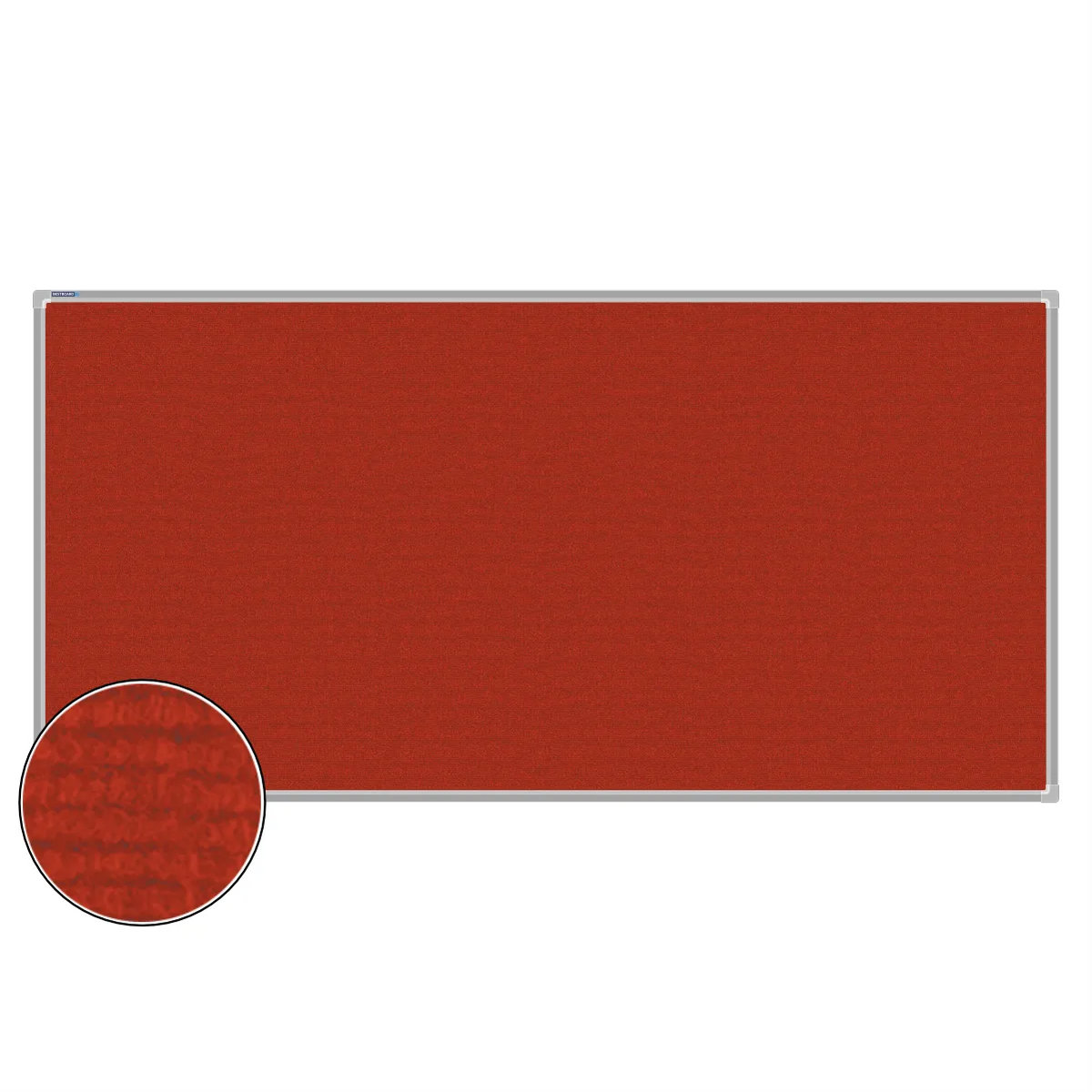 Red carpet pin board, 900mm x 1800mm, rectangular with a silver aluminium frame and a close-up inset of the woven texture